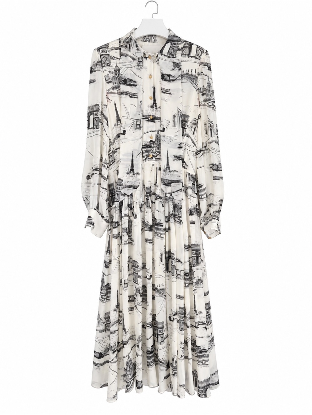 Celine White and Black Printed Long-Sleeve Midi Dress